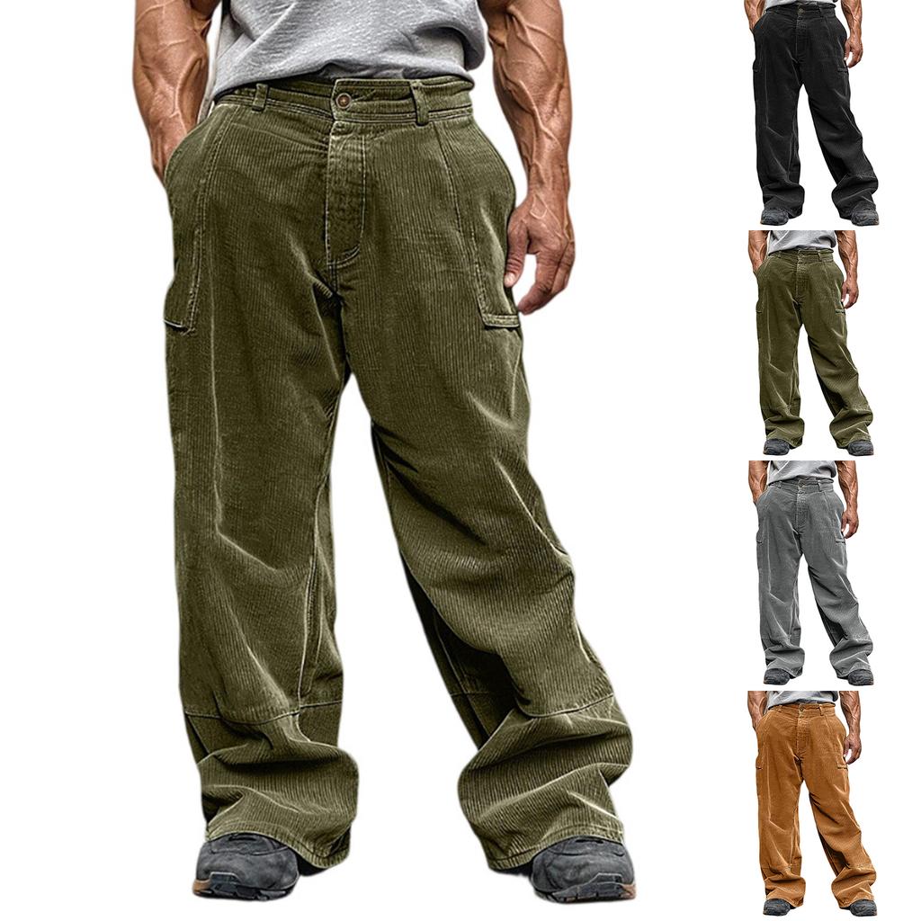 Men's Loose Casual Solid Color Corduroy Trousers Pocket Elastic Waist Straight Trousers