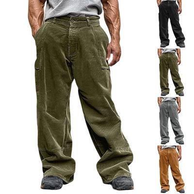 Men's Loose Casual Solid Color Corduroy Trousers Pocket Elastic Waist Straight Trousers