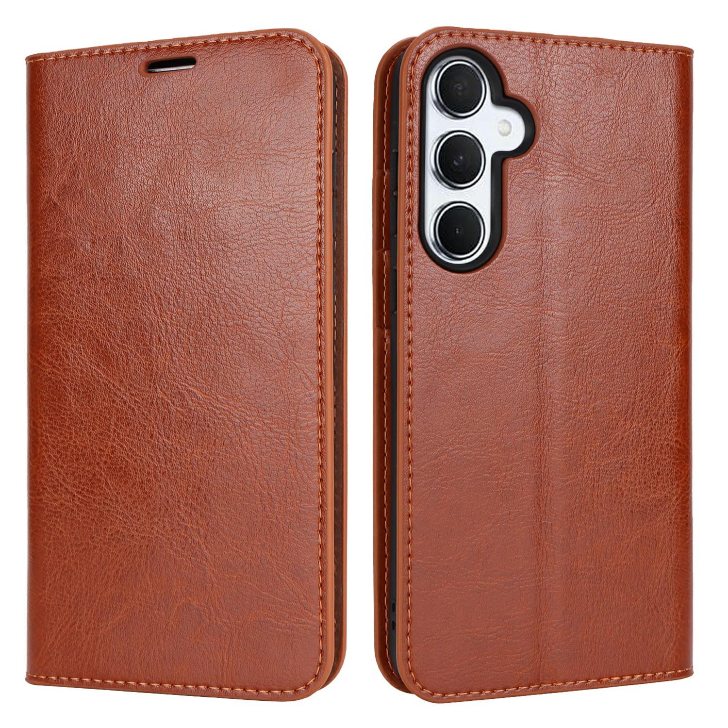 

For Samsung Galaxy S24 FE Case Crazy Horse Texture Split Leather Wallet Phone Cover Light Brown