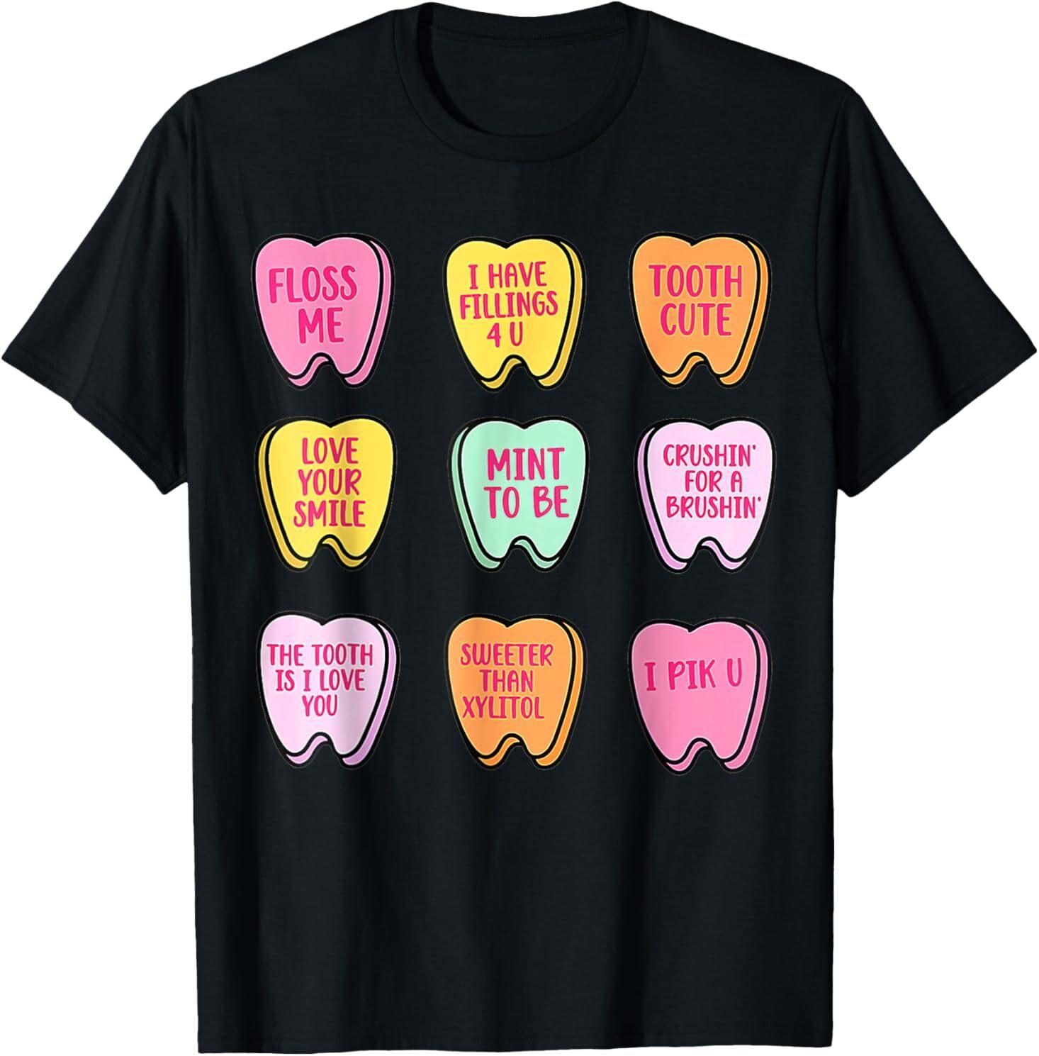 Valentine s Day Dental Tooth Candy Retro Dentist T-Shirt Mens Womens Tees Top 3XL