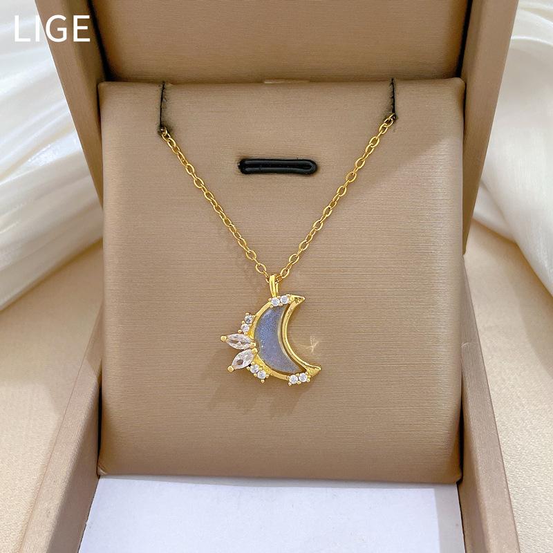 Colorful Moon Full Diamond Fashion Light Luxury Temperament Gorgeous Full Diamond Necklace Female Versatile Clavicle Chain Titanium Steel