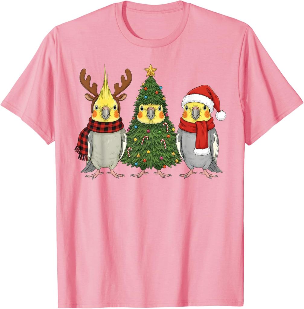 Funny Cockatiel Christmas T-Shirt Santa Reindeer Parrot Graphic Tee Unisex Casual Cotton Print