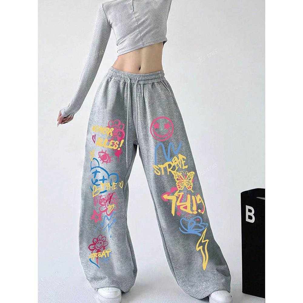 American high street graffiti print casual pants loose trendy brand ruffian handsome fried street wide leg spring pants