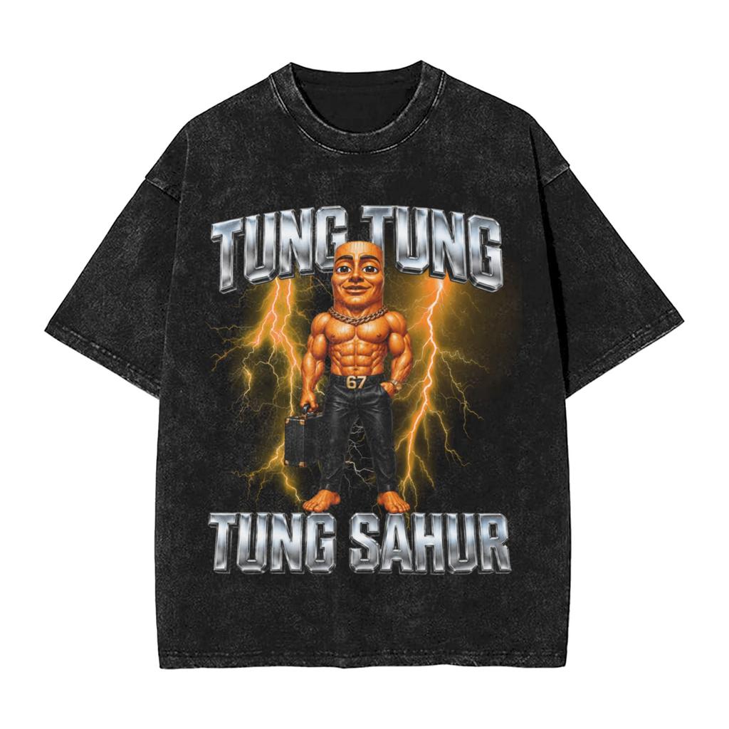 Men Women's T-Shirt Funny Meme Tung Tung Tung Sahur Washed T Shirts Hip Hop Summer Tee Shirt Awesome Print Cotton Clothing Gift