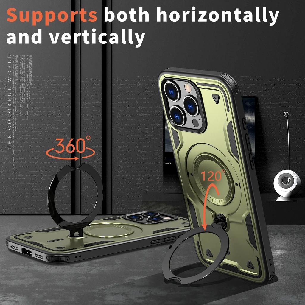 Military Armor Shockproof Case For iPhone 11 12 13 14 15 Plus 16 Pro Max 360° Rotating Ring Holder TPU Frame Plastic Phone Cover