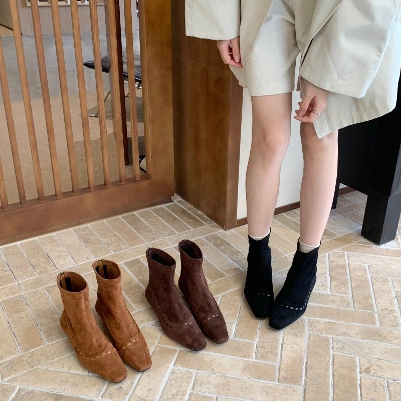 2025 Autumn and Winter New Retro Square Head Thin Boots Korean Rear Zipper Short Boots Suede Versatile Low Heel Short Boots Women