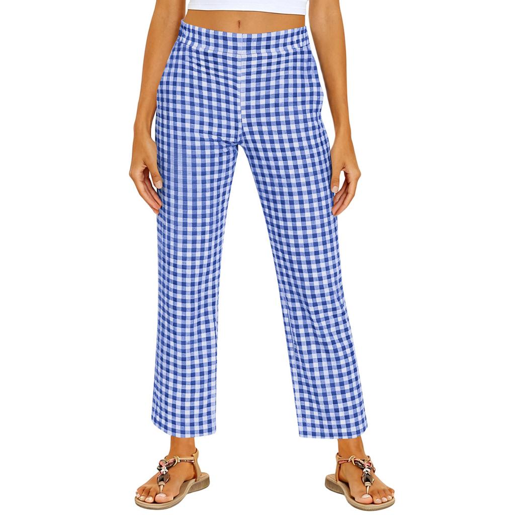 Women's Fashionable Checkered Elastic Waist Straight Leg Casual Pants