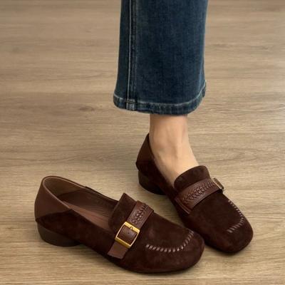 Comfortable Soft Leather Flat Bottom Slip-On Shoes Retro Belt Buckle Design Spring Autumn Season Pure Color Casual Loafers