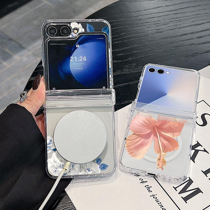 Magnetic Phone Case For Samsung Galaxy Z Flip 7 FE 7 6 5 4 Flip7 Flip6 Flip5 For Magsafe Artistic Flower Painting Clear PC Cover