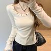 Korean Style Slim Fit Round Neck Rivet Long Sleeve Top for Women - Spring Solid Color