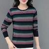Women's Casual Comfortable Pullover Knitted Sweater Tops with Contrast Color Striped Long Sleeve and Round Neck for Autumn Winter