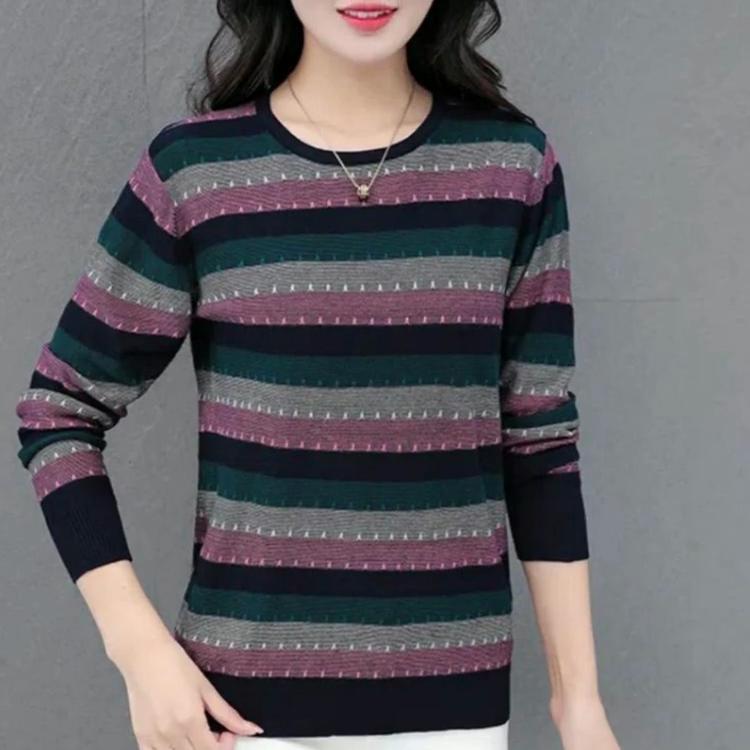 Women's Casual Pullover Knitted Sweater Tops with Contrast Color Striped Long Sleeve and Round Neck for Autumn Winter Comfortable