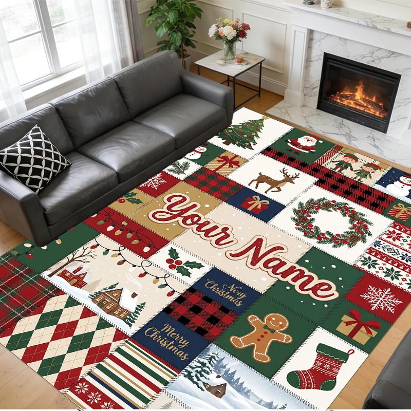Christmas Custom Name Printed Square Area Rug Soft Non Slip Floor Carpet For Bedroom Holiday Gift