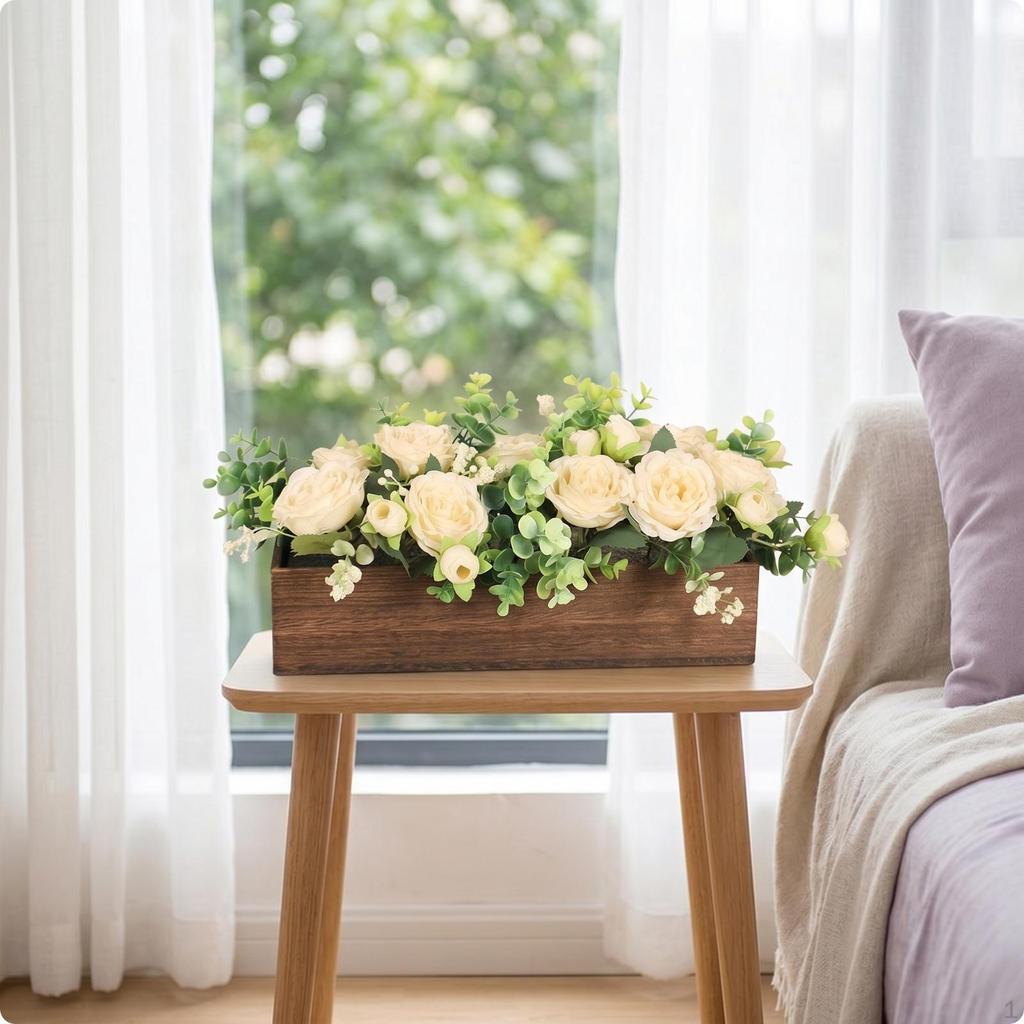 Wood Planter Flower Display Rectangular Artificial Floral Box Cream WoodenLook Arrangement