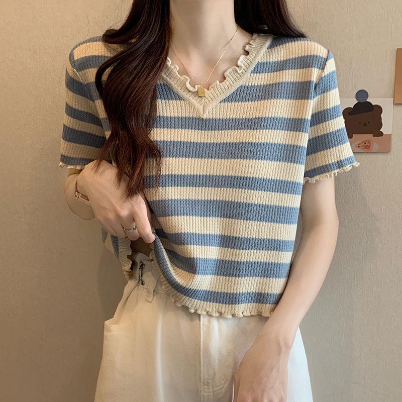 

Новая полосатая футболка с коротким рукавом, женская рубашка с украшением сверху и снизу, футболка для женских топов 2XL