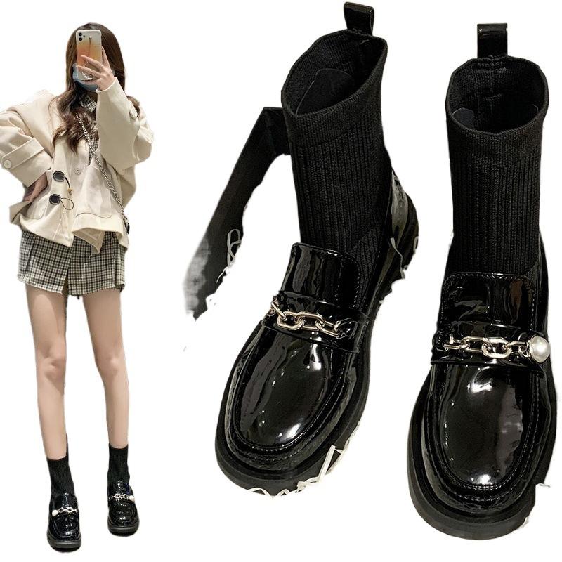 Knitted Elastic Socks Boots Women's 2025 New Loafers Thin Boots British Fashion Thin Short Boots Winter