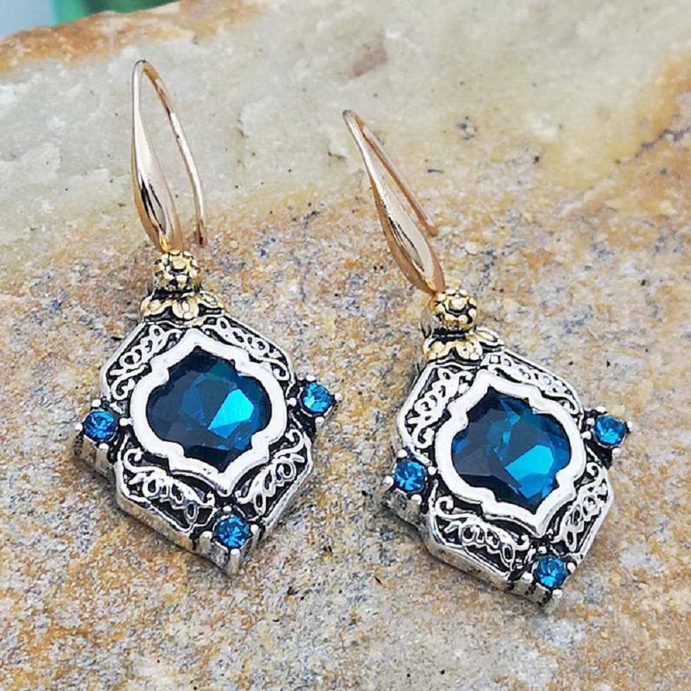 Women Zinc Alloy Retro Bohemia Gold Color Ear Hook Drop Blue Rhombus Glass  Earrings Wedding Party Jewelry Gift