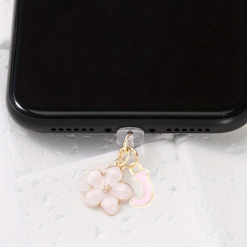 Fashionable Pink Flower Letter Phone Dust Plug, Exquisite A-Z Letter Alloy Pendant, Suitable As a Birthday Gift for Women