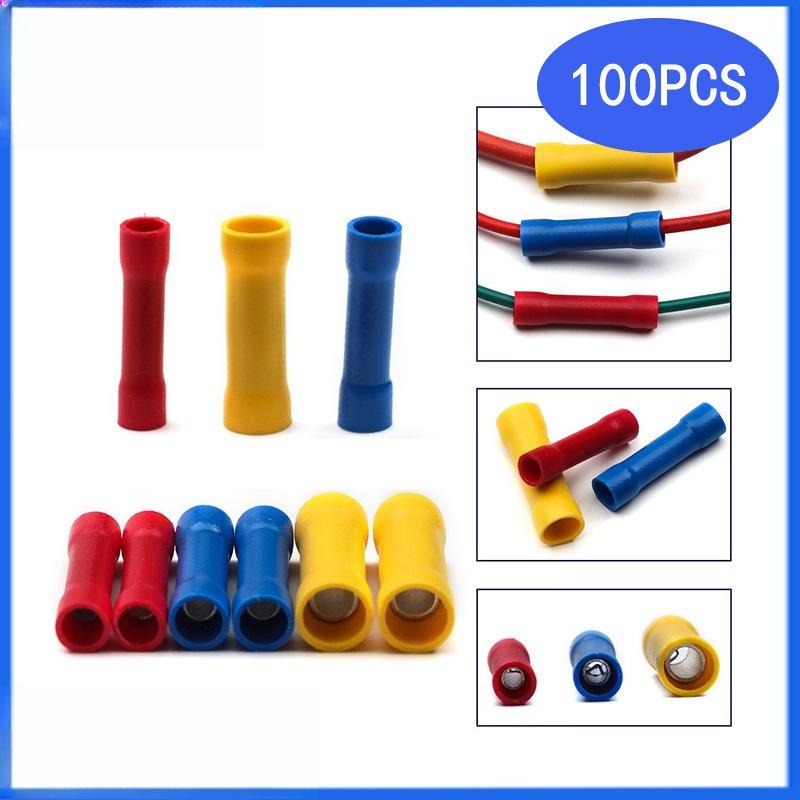 100PCS Bag Pack Fully Insulated BV Butt Splice Connectors, Long Tube Wire Joint Cold Crimp Cable Splices Terminals