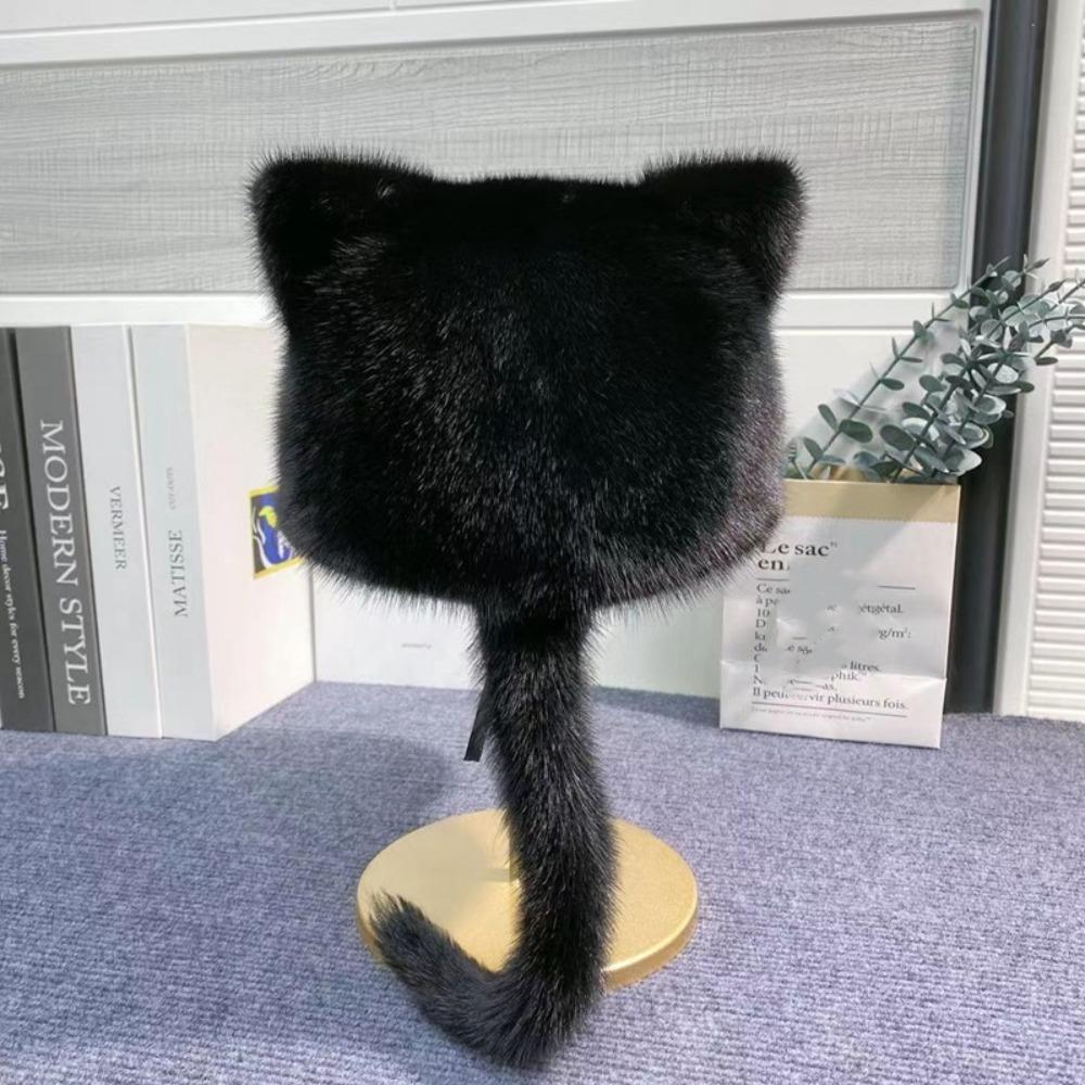 Cosplay Black Cat Baseball Cap Lovely Tail Peaked Cap Versatile Cat Ear Plush Hat  Winter