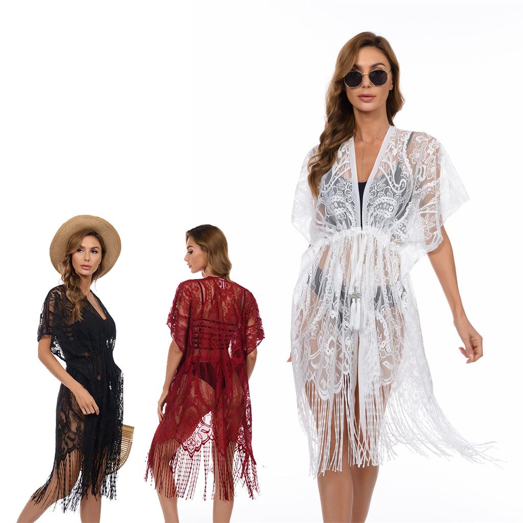 Copricostume da Donna con Nappe Sarong da Spiaggia Vestito Lungo da Spiaggia Pizzo Floreale Kimono Bikini Copricostume