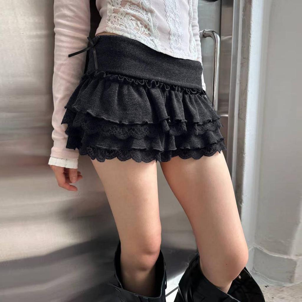European & American Sweet Style Ruffle Patchwork Low-Waist Knit Skirt