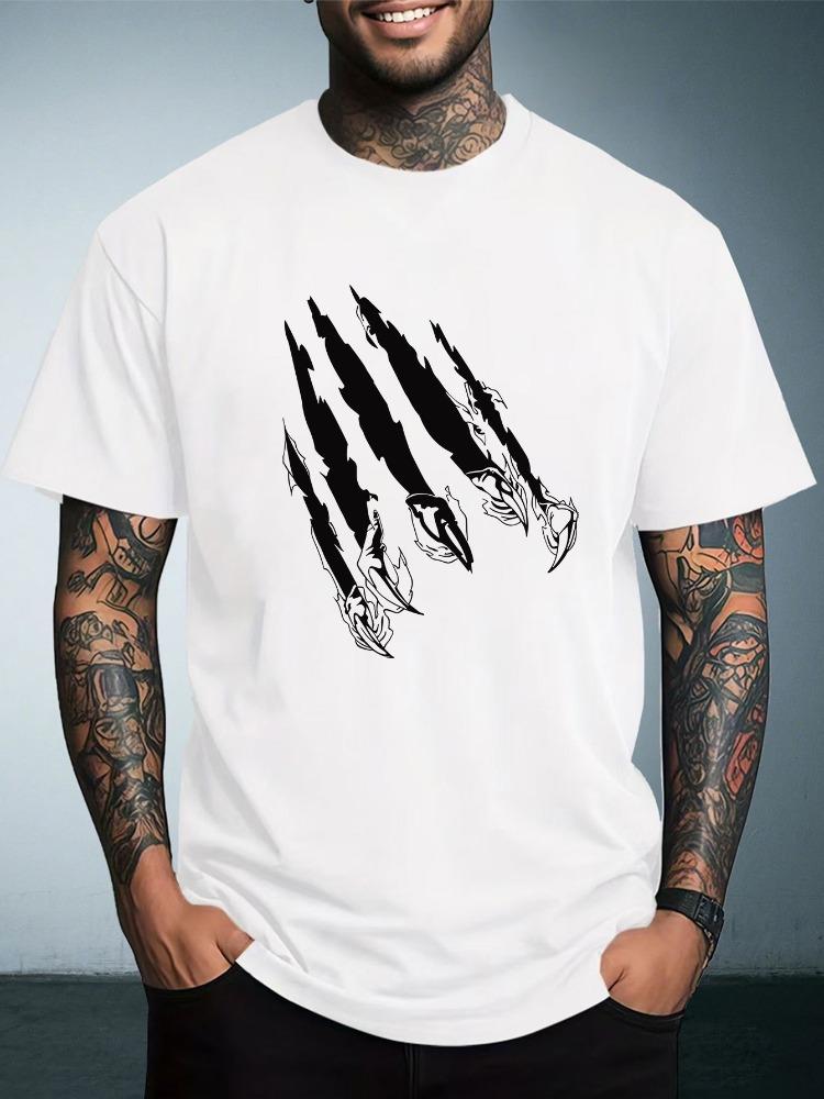 Unisex White Short Sleeve Summer Fashion Tee Black Beast Claw Scratch Mark Graphic Crew Neck Loose Casual Male Street Tops