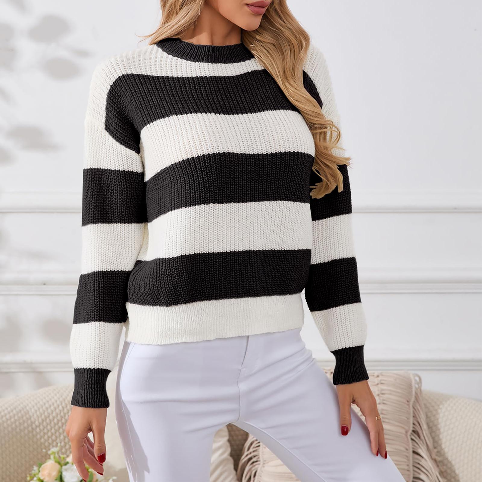 

Women s Striped Sweater, Loose And Laid-back, Long-sleeved Pullover, Round-neck Knitted Top L