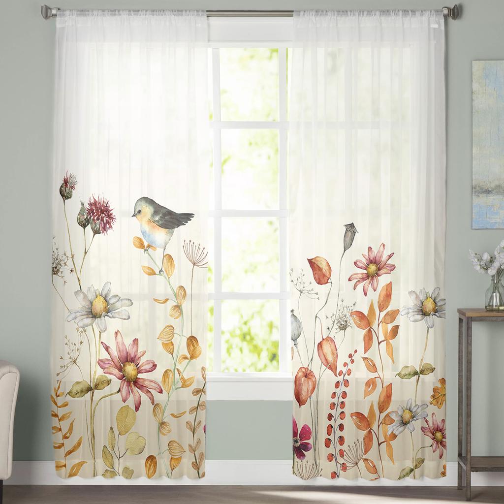 Høstplante Villblomst Tusenfryd Fugl Tyll Vindusgardin Skjær Kapper Gardiner For Stue Hjemmedekorasjon Draperingspanel