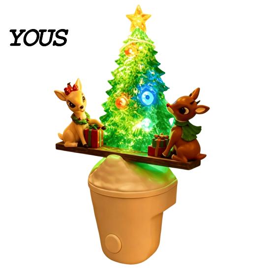 Plug-in Night Light for Bedroom Christmas LED Light, Resin Glowing Tree Lamp with Kids Reindeer Modern Relief Texture Seesaw Design, Wall Decor