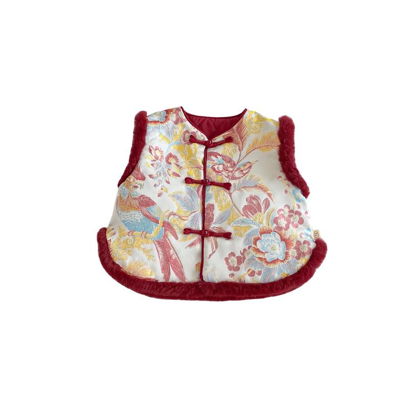 2025 Children's Chinese New Year Retro Jacquard Padded Vest – Winter Outfit for Girls