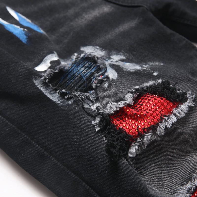 Jeans Neri da Uomo Slim Fit in Denim con Dettagli Strappati Impreziositi da Strass Cotone Elasticizzato