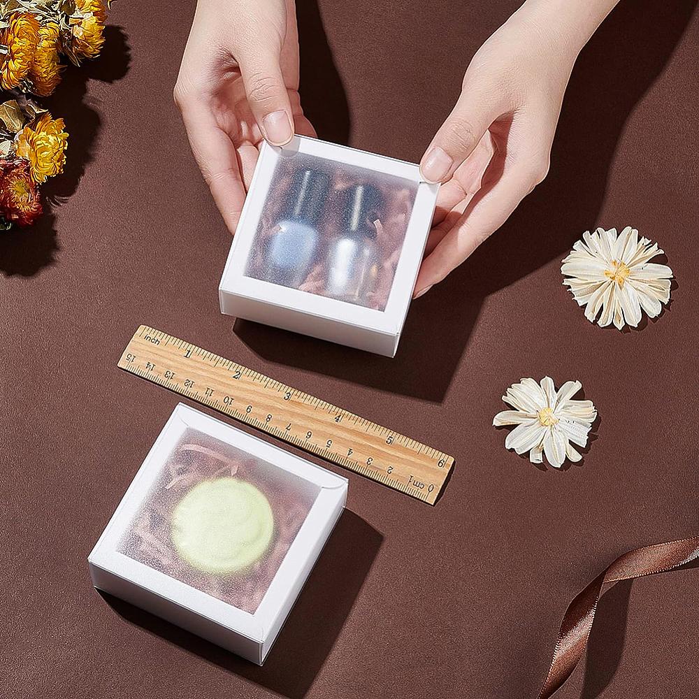 16sets Square Kraft Paper Box for Tea Leaf Stocking with Matte Style PVC Cover White Finished Product: 8.3x8.3x3.2cm