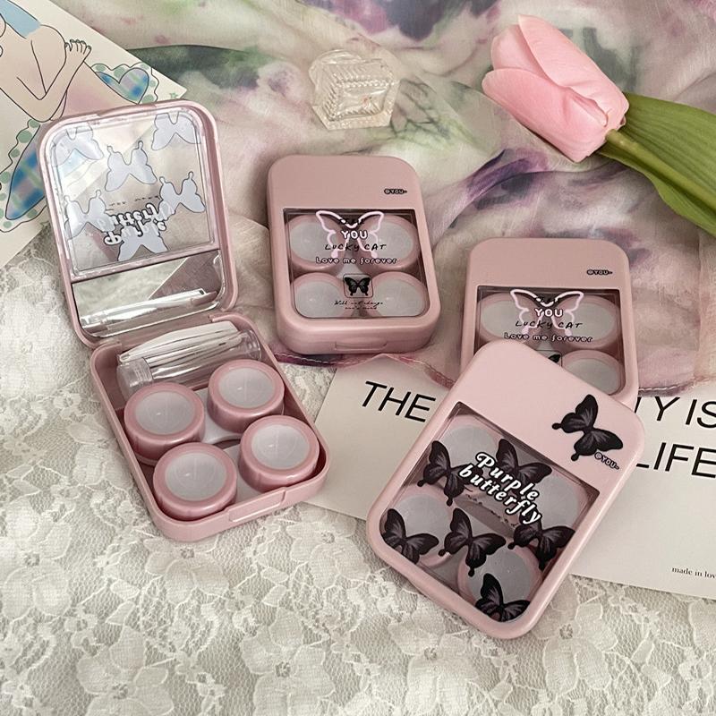 1Set Trendy Mini Contact Lenses Box Purple Black Butterfly Contact Lens Case With Mirror For Women Holder Eyewear Accessories