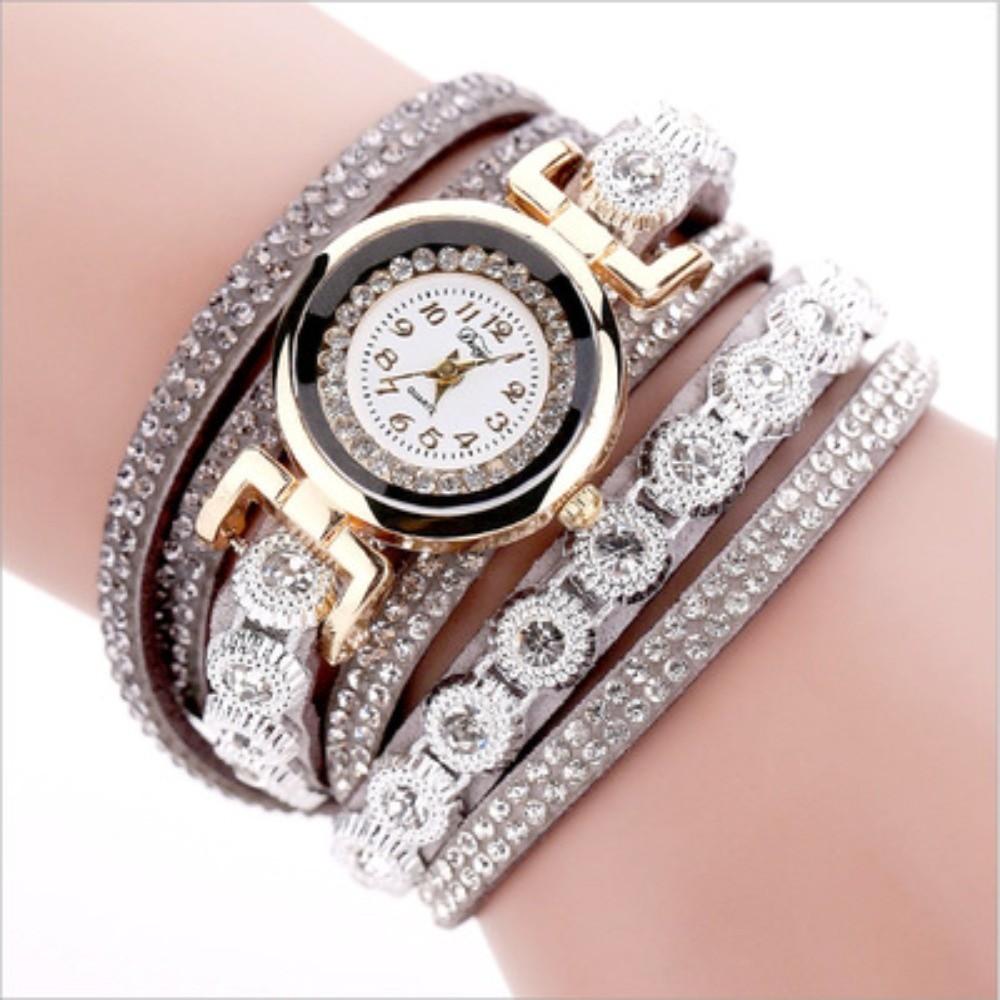 

High Quality PU Leather Round Watch Quartz With Diamond Bracelet Watches Alloy Quartz Wrist Watches сірий