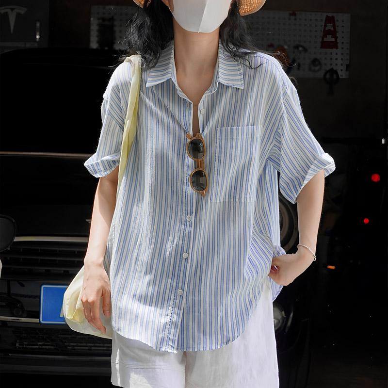 

Японская повседневная рубашка с полосками с коротким рукавом в стиле кэжуал для женщин, летняя, свободная, тонкая, литературная, с коротким рукавом, верхняя одежда 5021 XL