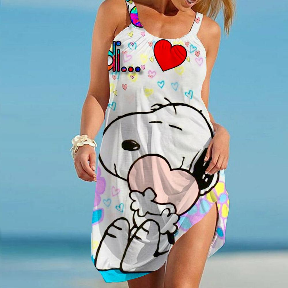 Damen Strandkleider Kawaii Snoopy S-3XL Sommer Anime Y2k 2024 Elegant Schickes Kleid Träger Freizeit Sanrio Boho Mode Sexy Kleidung 2XL