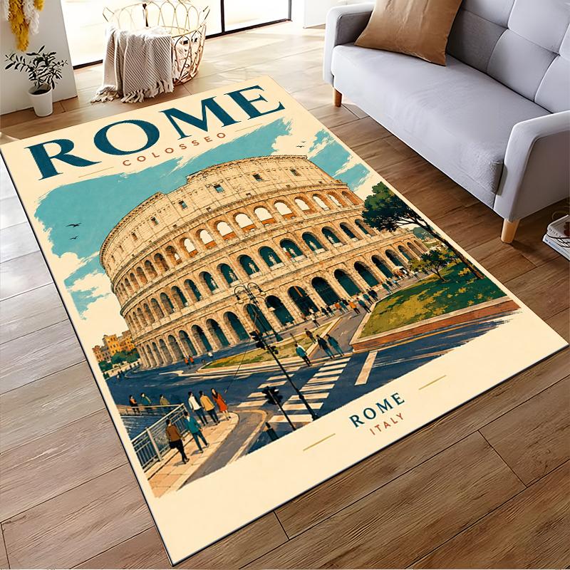 Rome Colosseum Vintage Illustration Rug - Non-slip rug suitable for living room and bedroom sofas.