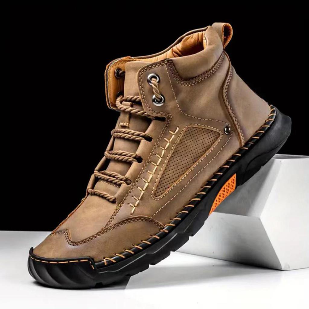 Men's Leather Boots Fashionable Hand-Stitched Boots Flat Boots Lace-Up Casual Shoes