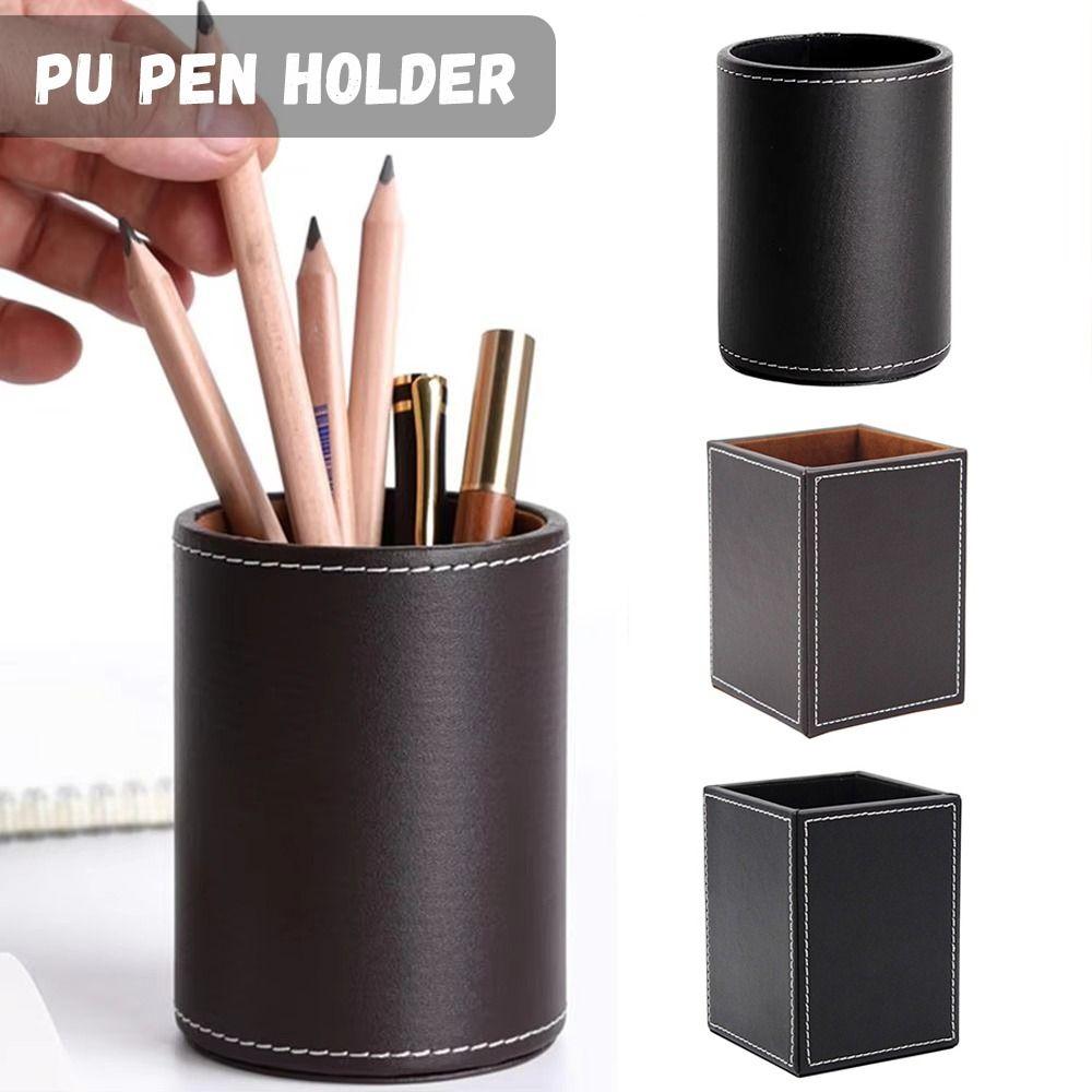 New PU Leather Pen Holder Round/Square Large-capacity Stationery Storage Holder Portable Desktop Organizer Student Gift