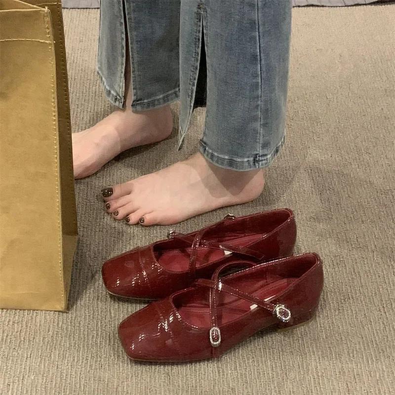 Spring Square Toe Ballet Shoes Fashion Low Heel Mary Jane Shoes Casaul Silver Cross Buckle Shallow Soft Sole Shoes