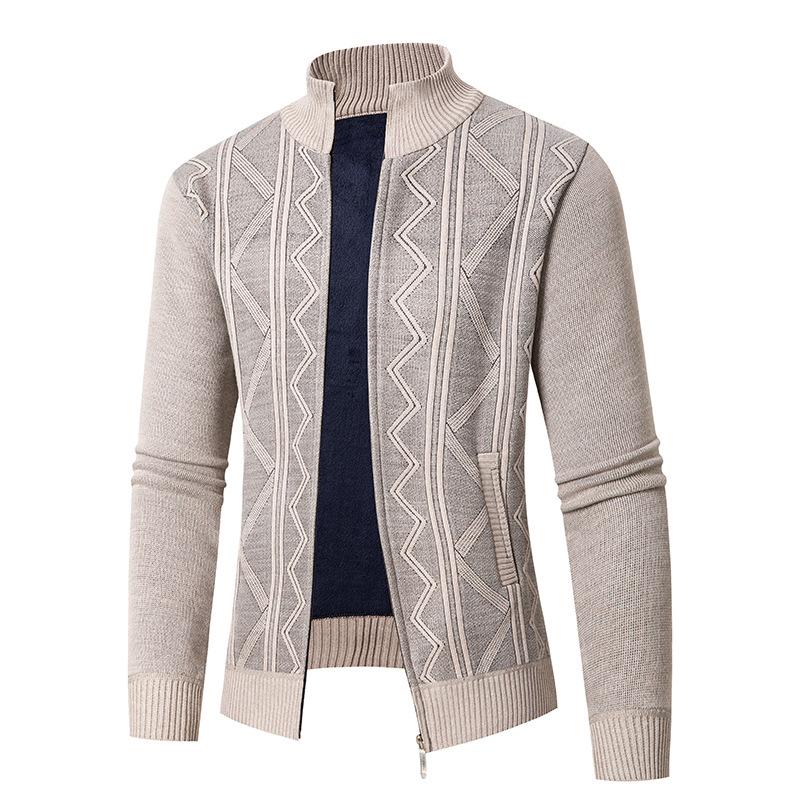 Young Casual Men Stand Collar Plus Velvet Thickened Cardigan Knitted Jacket Jacket Zipper Jacquard Knitted Thread Men