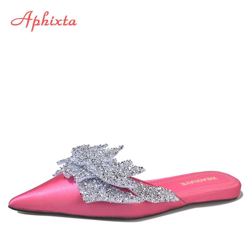 Fashion Aphixta  Appliques Crystals Silk Women Slippers Fashion Mules Rose Red Flat Heel Autumn Flowers Pointed Toe Slides