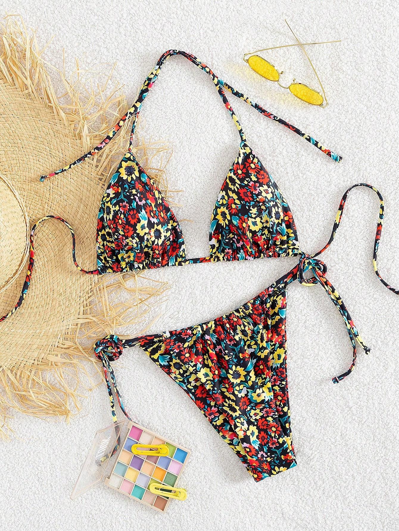 European and American lace-up printed bikini swimsuit women s beach sexy bikini hot spring swimsuit S