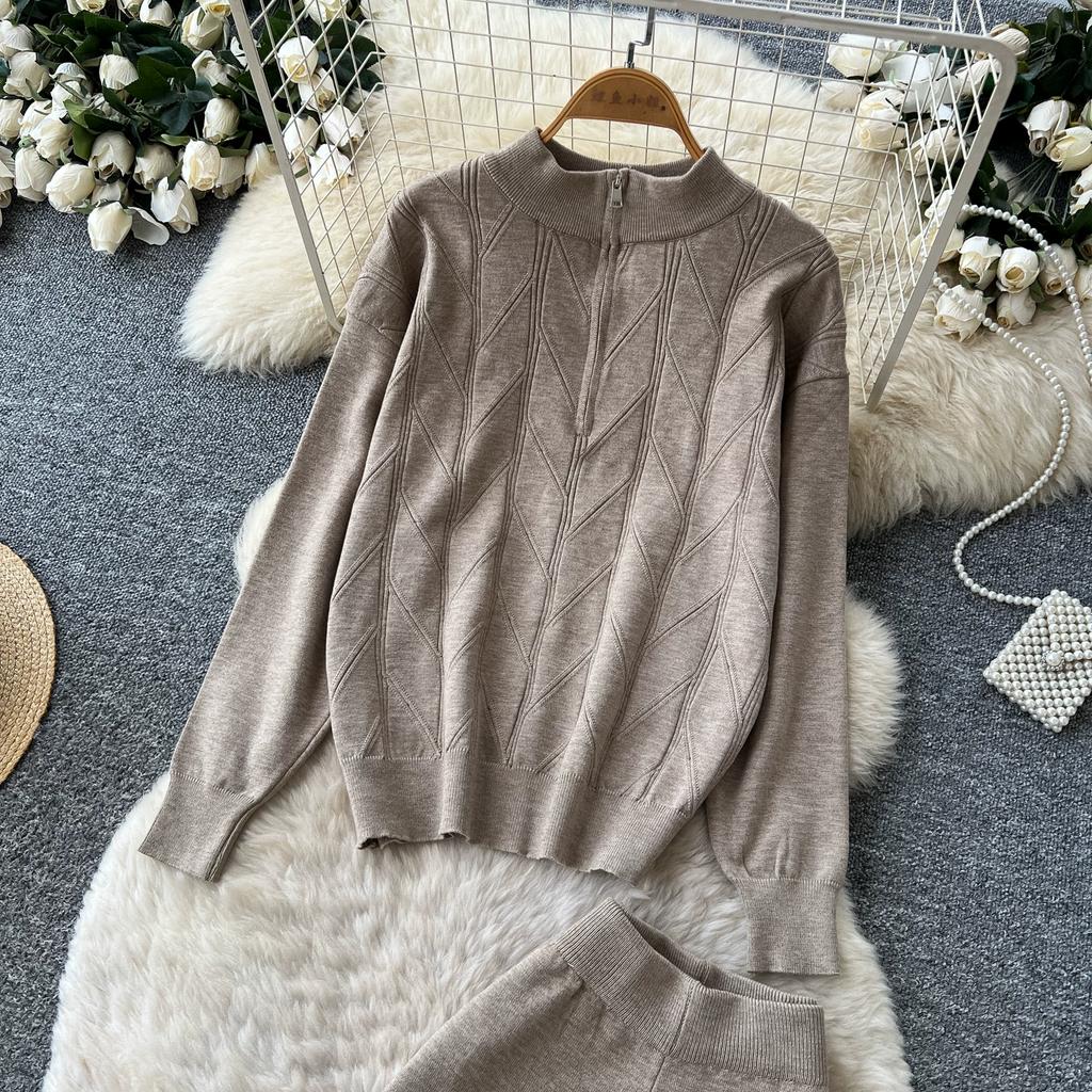 Relaxed-Style Half-Zip Knit Top and Wide-Leg Pants Two-Piece Set for Women Casual Jacquard Pullover Sweater Trousers Sets Fall Commuter Outfit