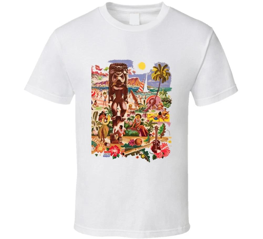 Hawaii Travel Hawaiian Tiki Hula Surf Mens Retro Vintage T-shirt Tee 50s 60s Top 3XL