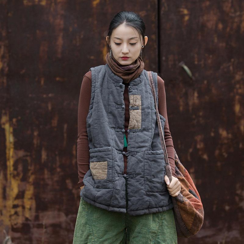 

Johnature Женские винтажные пальто Stand Без рукавов Пуговица Ткани Осенние теплые пальто One Size темно-серого