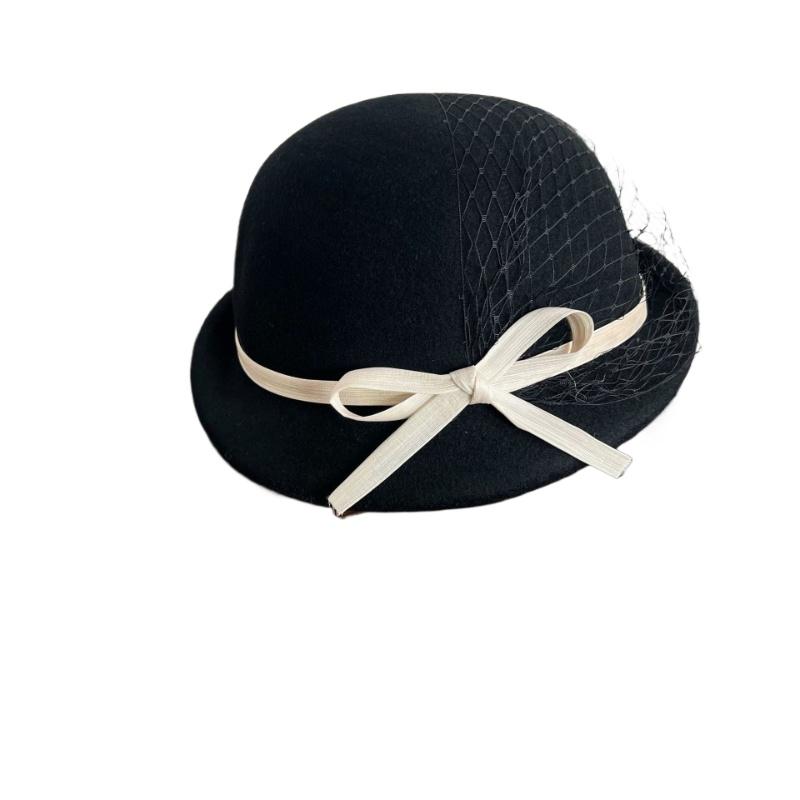 1pc Wool Beret Silk and Linen Bow Small Brim Mesh Top Hat Versatile Socialite Painter Hat