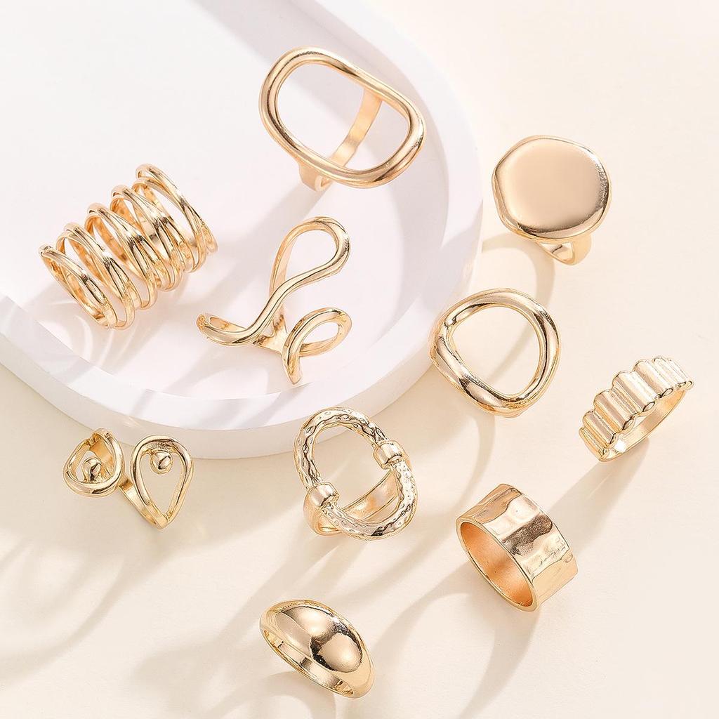European & American Trendy Geometric Luxury 10-Piece Ring Set: Versatile and Elegant Hollow Design