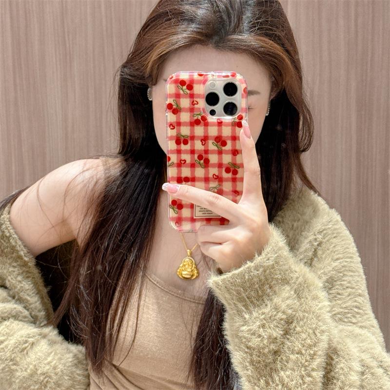 iPhone 17 Pro Max Cherry Blossom Red Plaid Case - Double Layer for Apple 16, 15, 14, 13